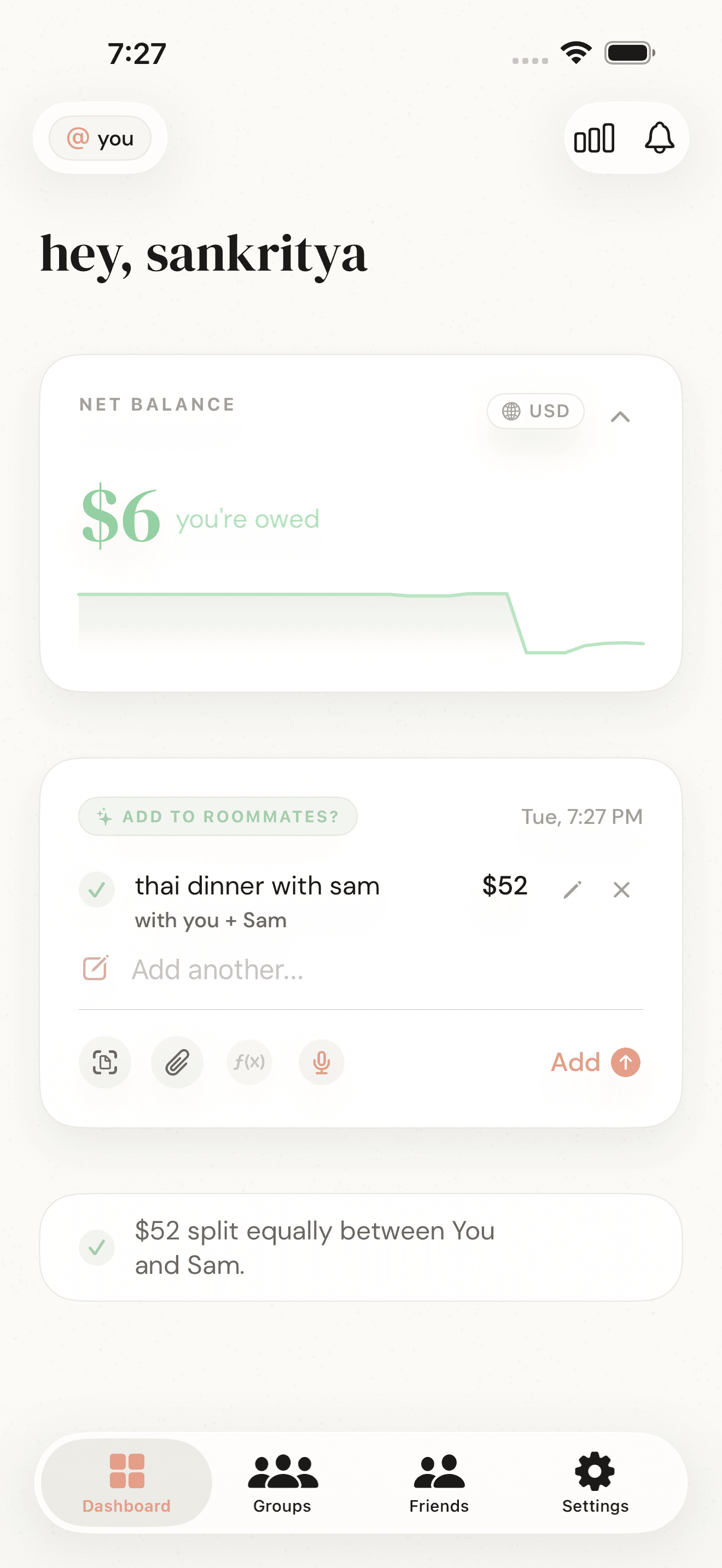 Round on iPhone — a typed phrase becoming a clean expense chip